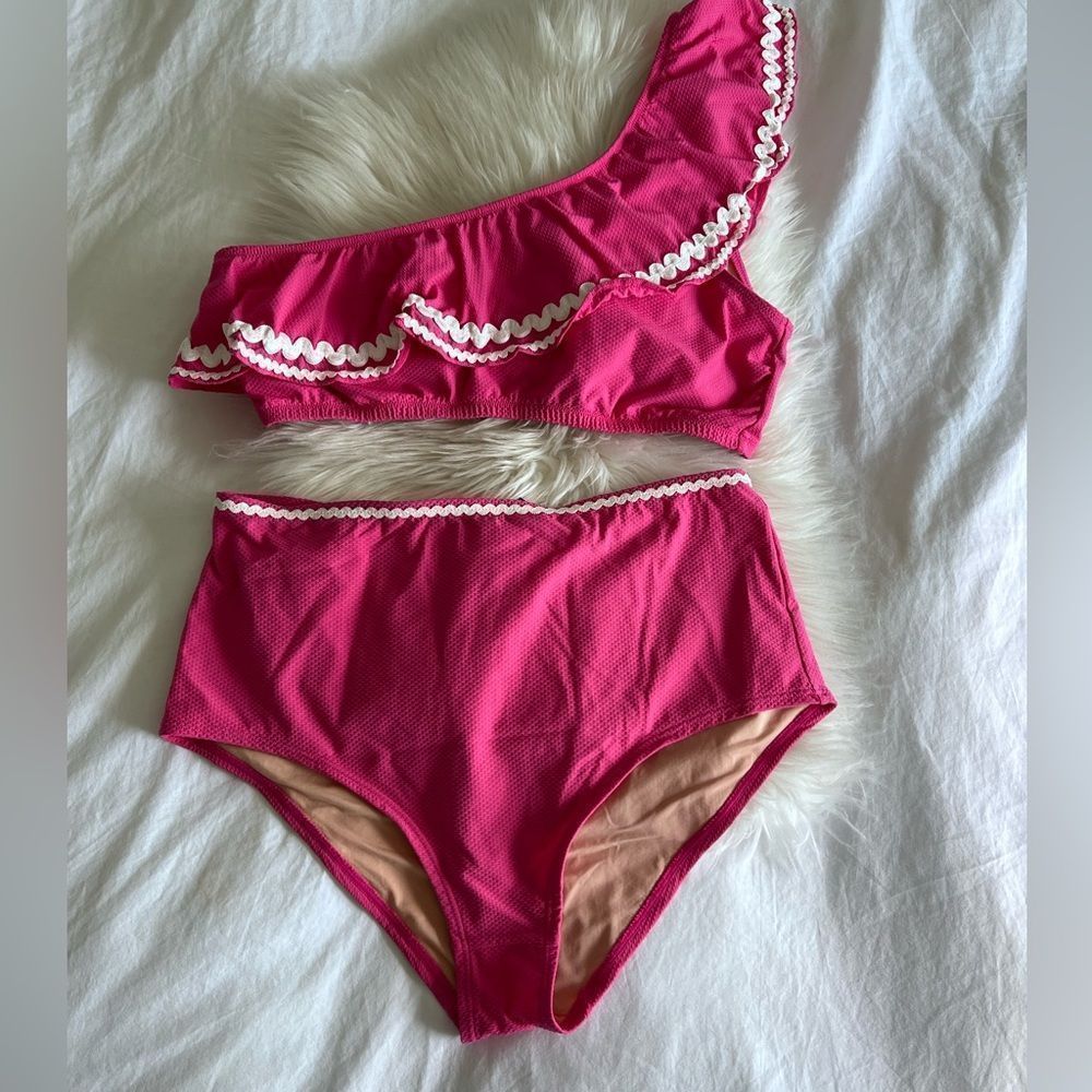 J. Crew Hot Pink One-Shoulder Ruffle Bikini Set